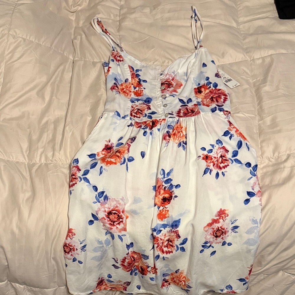 Garage Floral Dress - White with Red and Blue Accents